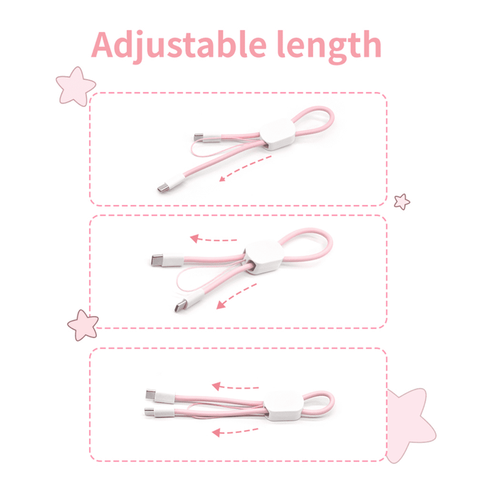 A pink adjustable phone charging strap with a white connector. The strap showcases three different length settings.