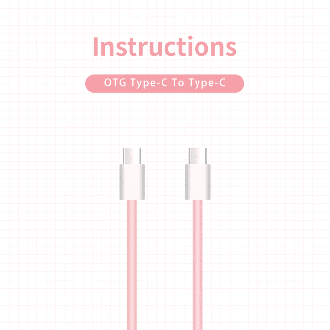 A pink OTG Type-C to Type-C charging cable with silver connectors, featuring the instructions above.