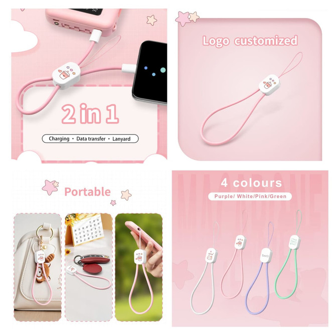 A pink 2-in-1 charging phone strap with a logo, available in purple, white, pink, and green.