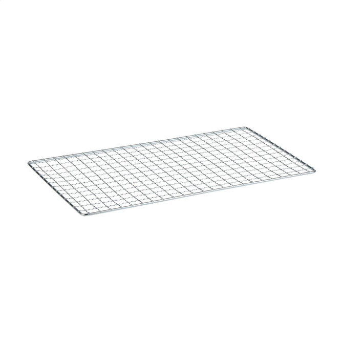 A rectangular wire grill rack with a silver finish, featuring a square mesh design.