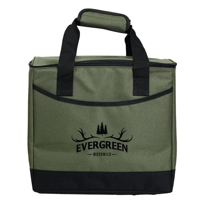 A green cooler bag with black handles and a logo on the front, designed to hold 36 cans.