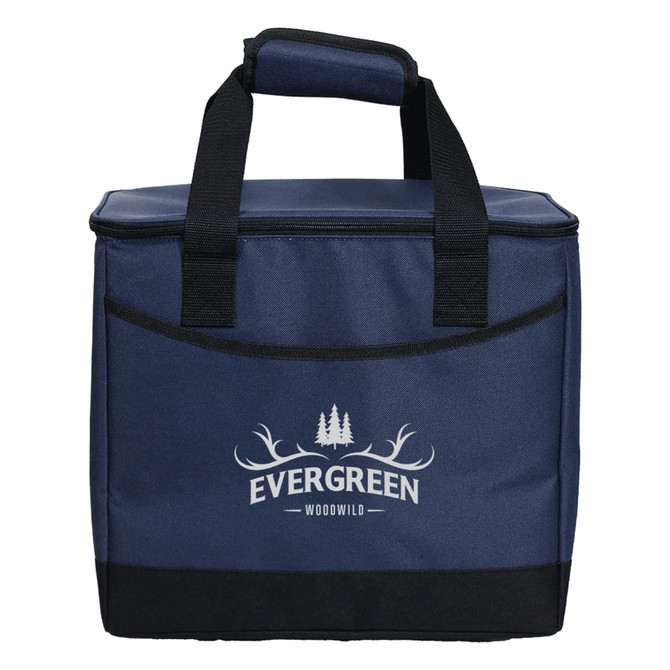 A navy blue cooler bag featuring black handles and a logo on the front, designed for storing up to 36 cans.