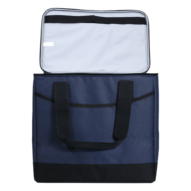 A navy blue cooler with a spacious interior and black straps, featuring an open lid. It has branding on the exterior.