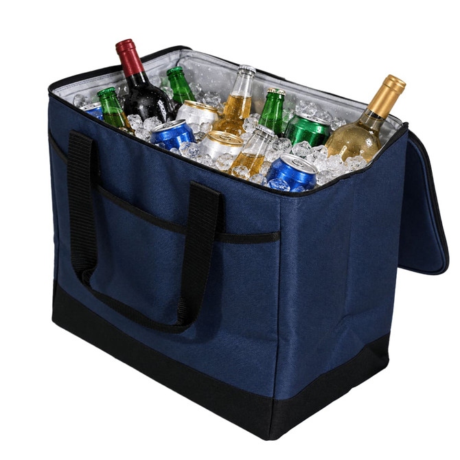 A navy cooler bag filled with ice and assorted beverages, including beers, wines, and soft drinks. It has a logo.