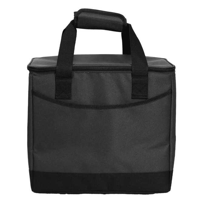 A cooler bag with a black exterior, featuring sturdy handles and a zippered top. 