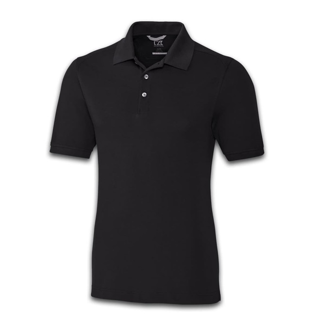 A black men's polo shirt with a classic collar and three-button placket, featuring a logo on the chest.