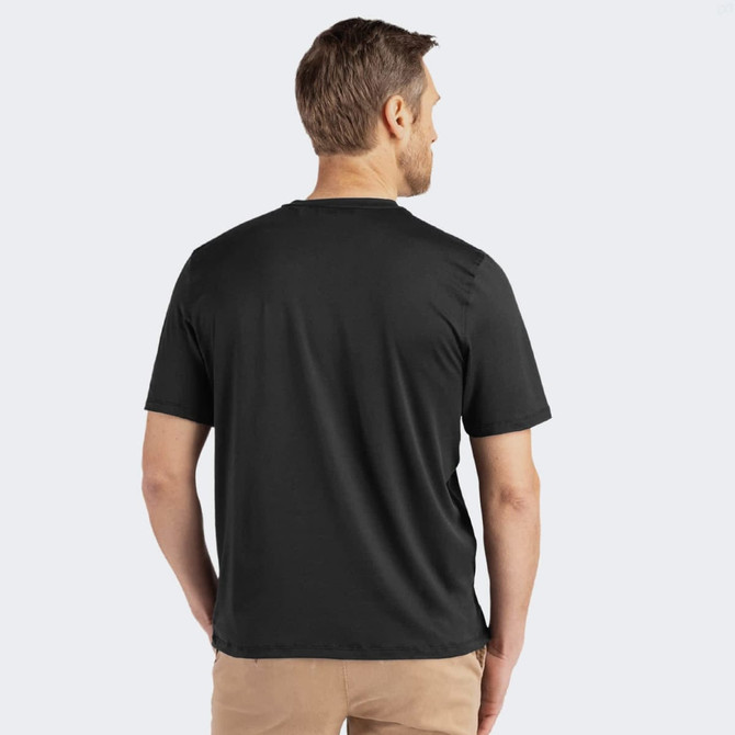 A black men's t-shirt featuring a simple design and a logo on the back.