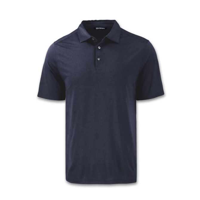 A navy blue men's polo shirt with a collar and three buttons, featuring a logo on the chest.