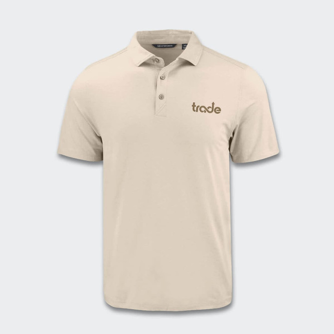 A light beige men's polo shirt with a collar and a logo on the chest.