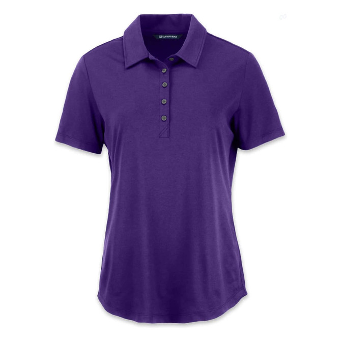 A purple women's polo shirt with a collar and button placket, featuring a logo on the chest.