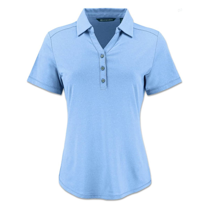A light blue women's polo shirt with a collar, short sleeves, and a buttoned placket. It features a logo.