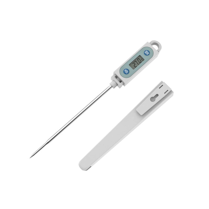 An instant read meat thermometer with a long stainless steel probe and a digital display, in white and light blue.