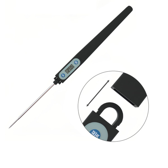 A long black meat thermometer with a digital display and a sleek design, featuring a probe for measuring temperatures.