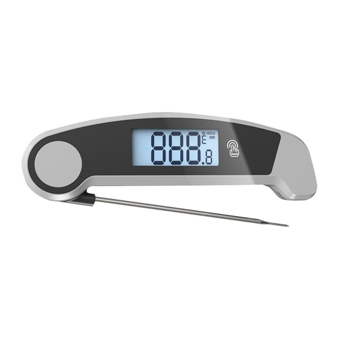 A digital instant read meat thermometer in silver and black with a large display and a metal probe.