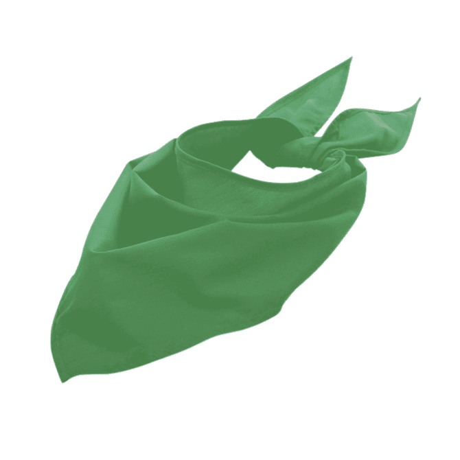 A green triangular bandana with two tied ends, featuring a logo.