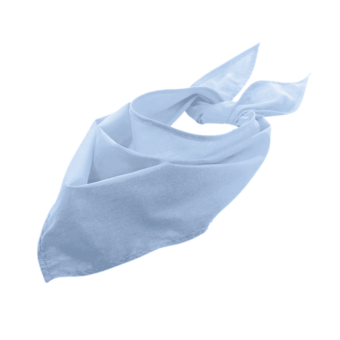 A light blue triangular bandana with tied ends and a logo.