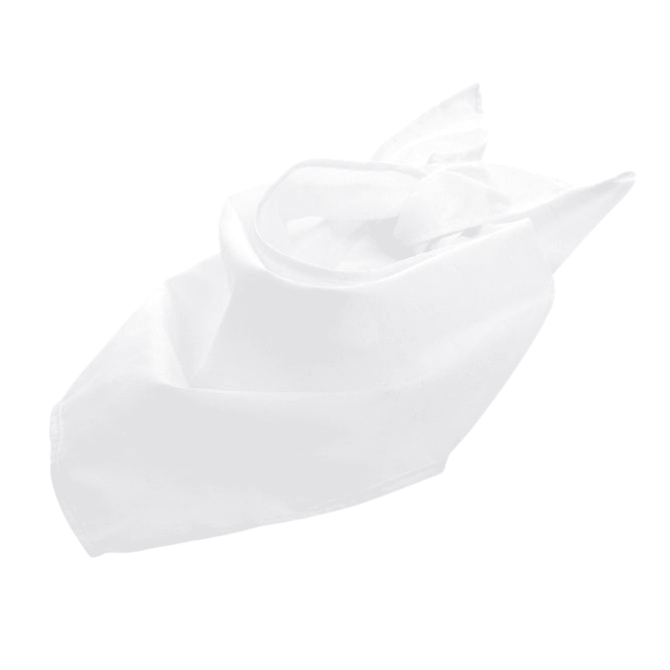 A triangular bandana in white, featuring a logo. The fabric is smooth and elegantly tied.