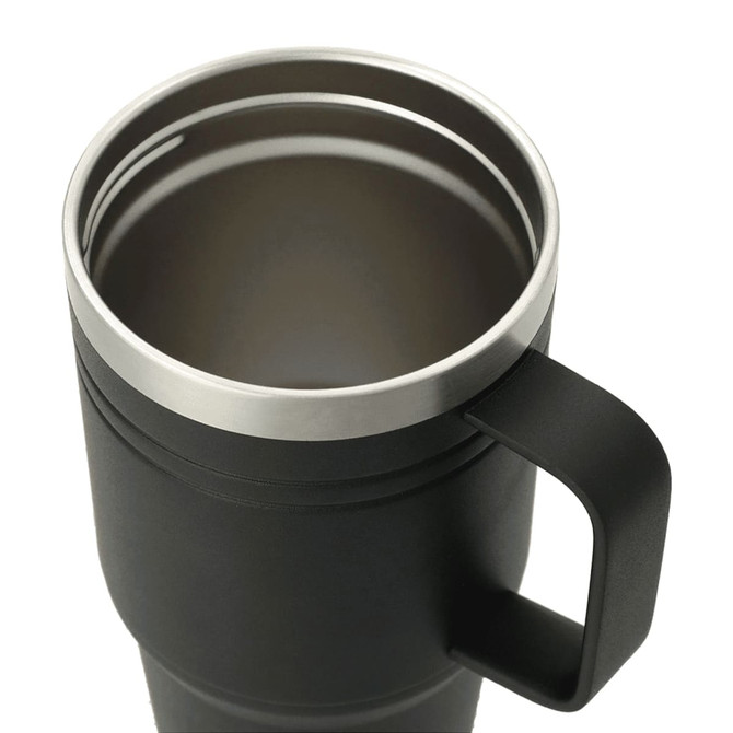 A drink bottle in matte black with a stainless steel rim and a sturdy handle. It features a logo on the body.