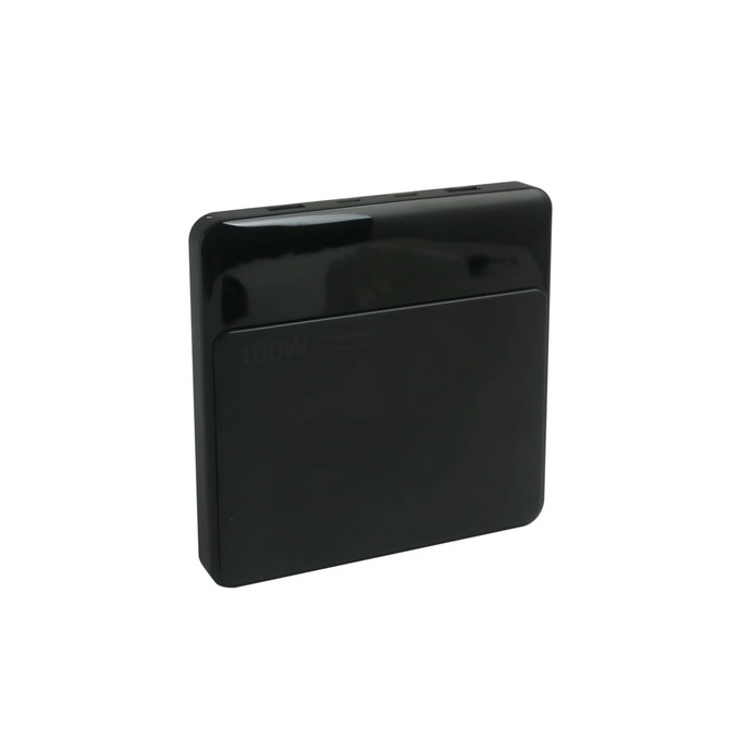 A black 20000mAh 100W laptop power bank with a sleek design and a logo on the surface.