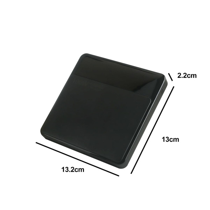 A black 20000mAh power bank with rounded edges, featuring a logo and dimensions displayed alongside.