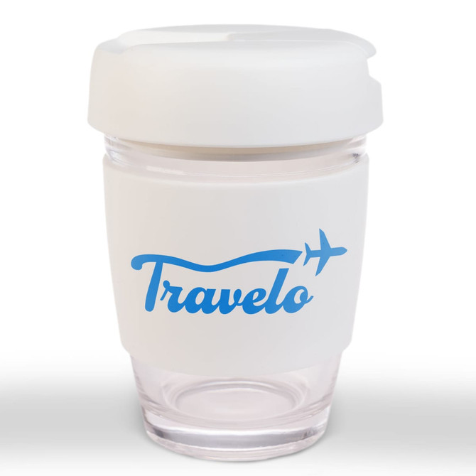 A reusable coffee cup with a flip lid, featuring a clear body and a white silicone sleeve, has a logo.