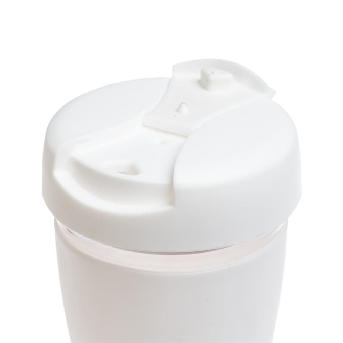 A white reusable coffee cup with a flip lid, designed for drinkware use. It features a simple, functional design.