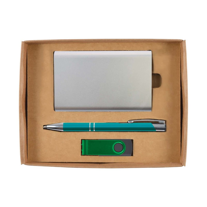 A green pen, silver cardholder, and green USB flash drive arranged in a cardboard gift box.
