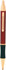 A metal pen with a red body, gold accents, and a black rubber grip, featuring a push button mechanism.