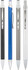 Four slimline aluminium metal pens in black, blue, grey, and white, each featuring a clip and a shiny finish.