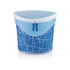 A blue and white cooler bag with a zip top, featuring a geometric pattern and a 15-litre capacity.