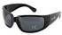 A pair of black wrap-style sunglasses with UV400 protection and a logo on the side.