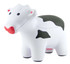 A stress-relief toy in the shape of a white and black cow, featuring a smiling face and rounded body.