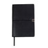 A black A5 size notebook with a leather look, featuring an elastic closure and a bookmark. It has 112 pages.