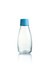 A drink bottle with a clear body and a light blue silicone lid, featuring a branding logo.