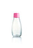 A drink bottle with a clear body and a pink silicone lid, featuring a logo.