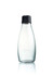 A drink bottle made of clear glass with a black lid, featuring a logo on the front.