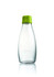 A drink bottle made of clear glass with a green lid and a logo on the front.