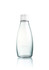 A drink bottle featuring a clear glass body and a white cap, with a logo on the surface. 