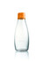 A drink bottle featuring a clear glass design with an orange silicone lid and a subtle logo.