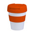 A reusable coffee cup featuring a white body and an orange flip lid and silicone band. Includes a logo.