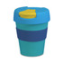 A reusable coffee cup in blue and turquoise with a yellow flip lid and a blue silicone band. It features a logo.