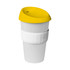 A reusable white coffee cup with a yellow silicone lid and a white sleeve. It features a logo.