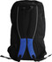 A black backpack with blue accents features a padded back and shoulder straps. It has a logo on the front.