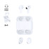 White wireless earbuds with a charging case, displayed from various angles, featuring a logo.