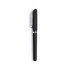 A black pen with a sleek design, featuring a clip and silver accents. It has a branding logo on the barrel.