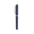 A navy blue pen with a silver clip and band, featuring a sleek design and modern style.