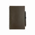 A dark green notebook with a spiral binding and a black pen attached. The notebook has a smooth, textured cover.