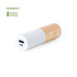 A cylindrical power bank featuring a white body and a bamboo section, with a logo visible.