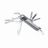 A multi-tool in silver with various functions, including scissors, blades, and a corkscrew, featuring a logo.