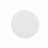 A round white button badge featuring a smooth surface and a backing for attachment.